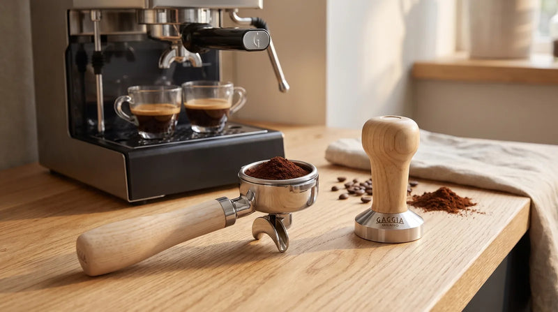 Gaggia Milano Holzsiebträger mit getampertem Kaffee und Gaggia Tamper vor der Gaggia Classic E24