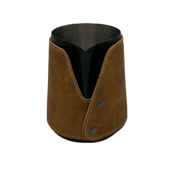 BaristaDelight Henkelless Milk Pitcher with Leather Sleeve - Barista Delight