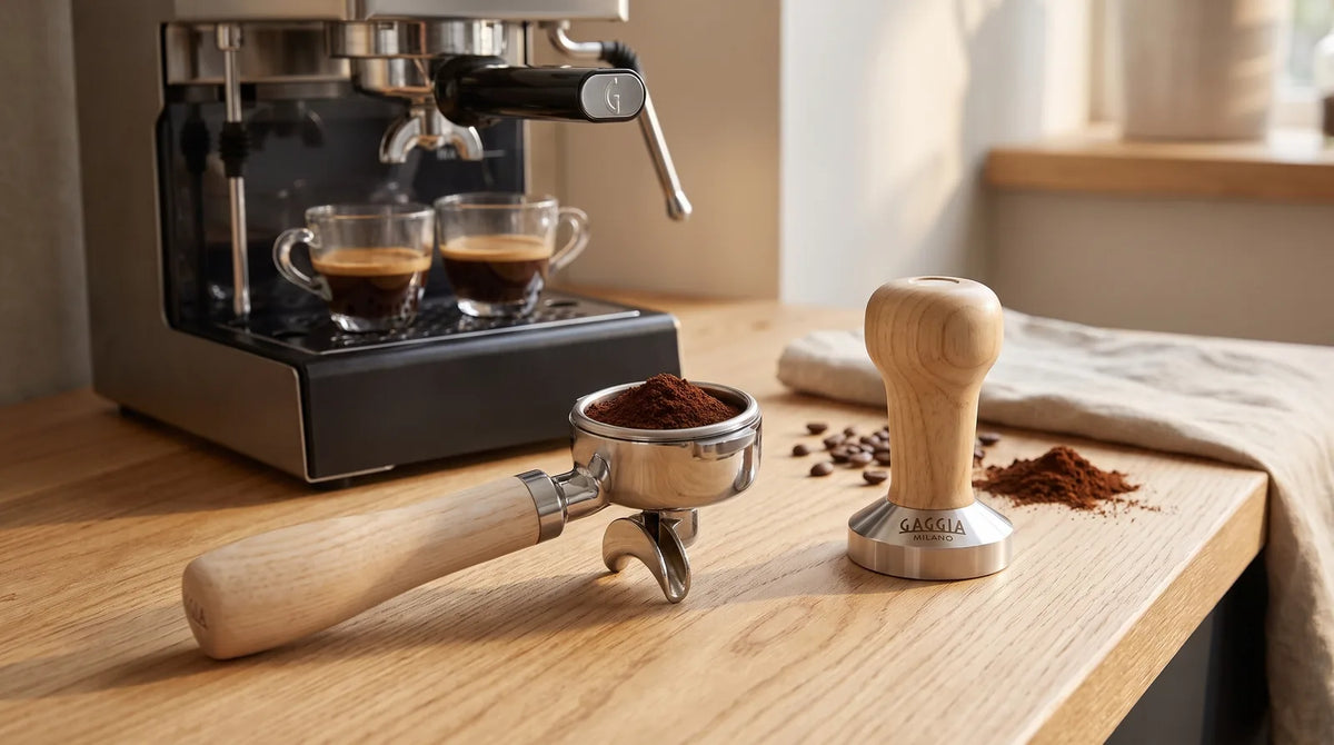 Gaggia Milano Holzsiebträger mit getampertem Kaffee und Gaggia Tamper vor der Gaggia Classic E24