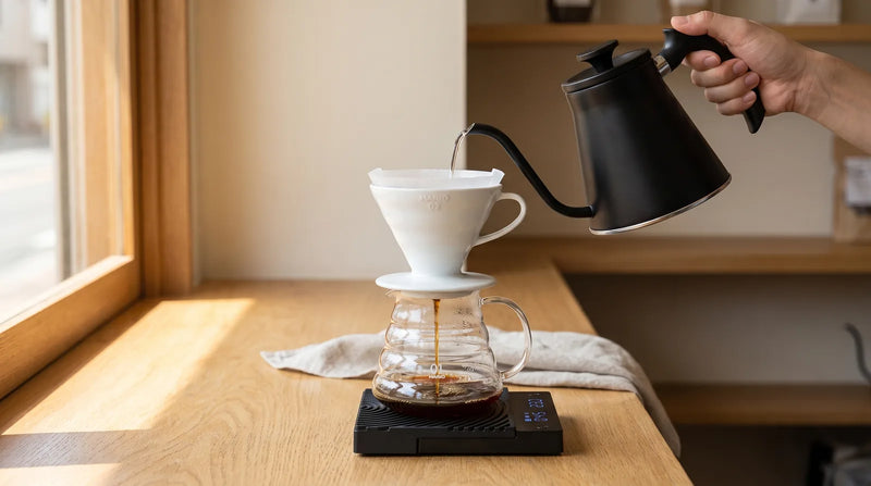 Wasser aus dem Hario V60 Fit Kessel wird in den Hario V60 Keramik-Dripper auf dem Range Server und der Timemore Mirror Mini gegossen
