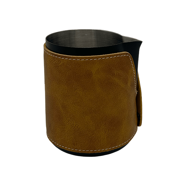 BaristaDelight Henkelless Milk Pitcher with Leather Sleeve - Barista Delight