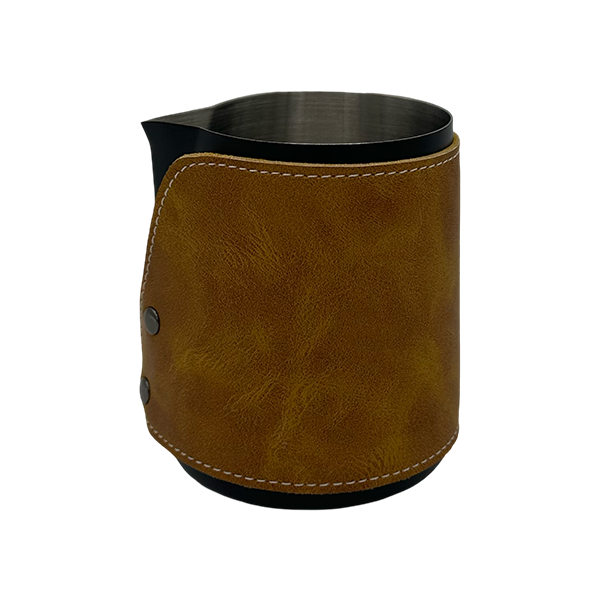 BaristaDelight Henkelless Milk Pitcher with Leather Sleeve