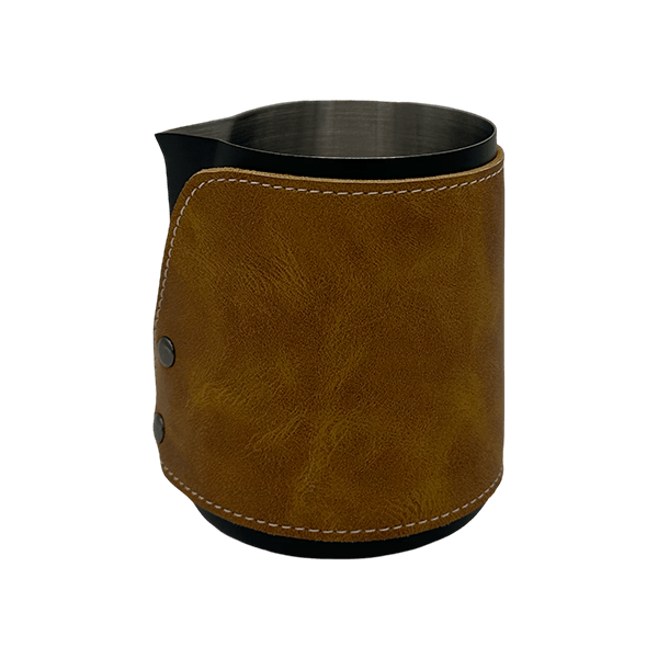 BaristaDelight Henkelless Milk Pitcher with Leather Sleeve - Barista Delight
