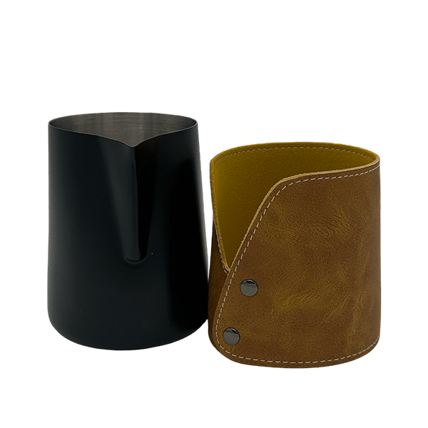 BaristaDelight Henkelless Milk Pitcher with Leather Sleeve - Barista Delight