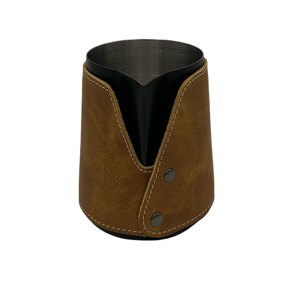 BaristaDelight Henkelless Milk Pitcher with Leather Sleeve