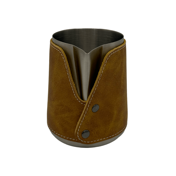 BaristaDelight Henkelless Milk Pitcher with Leather Sleeve - Barista Delight