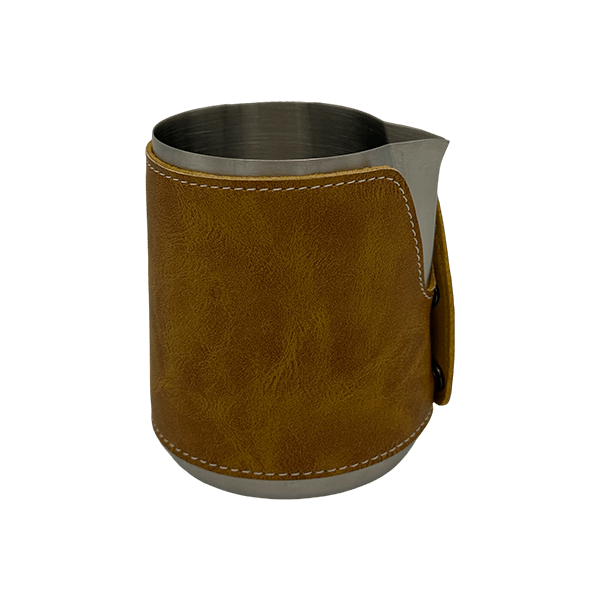 BaristaDelight Henkelless Milk Pitcher with Leather Sleeve - Barista Delight