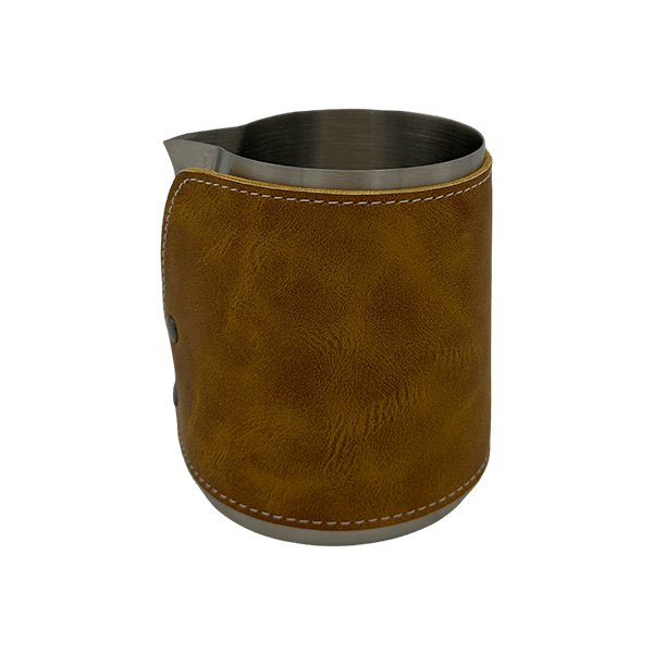 BaristaDelight Henkelless Milk Pitcher with Leather Sleeve - Barista Delight