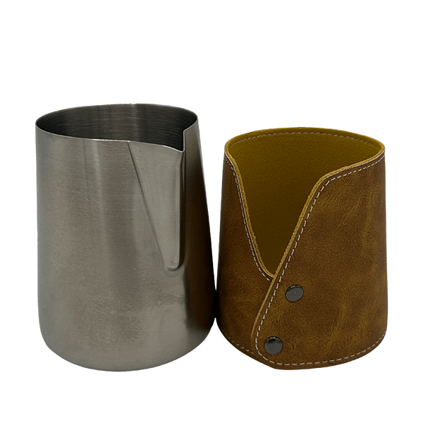 BaristaDelight Henkelless Milk Pitcher with Leather Sleeve - Barista Delight