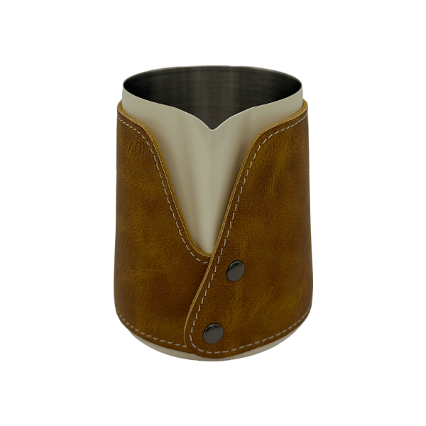 BaristaDelight Henkelless Milk Pitcher with Leather Sleeve - Barista Delight