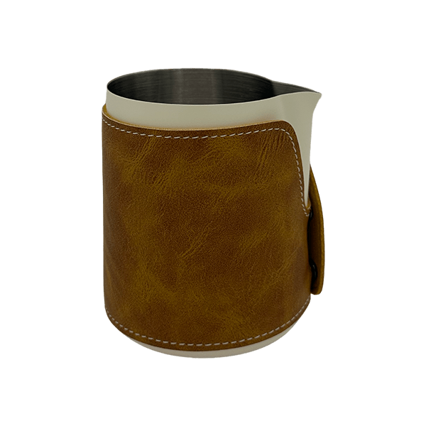 BaristaDelight Henkelless Milk Pitcher with Leather Sleeve - Barista Delight