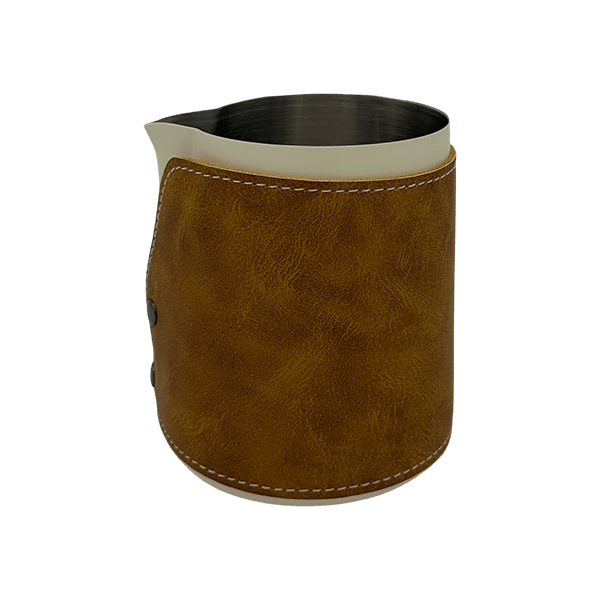 BaristaDelight Henkelless Milk Pitcher with Leather Sleeve - Barista Delight