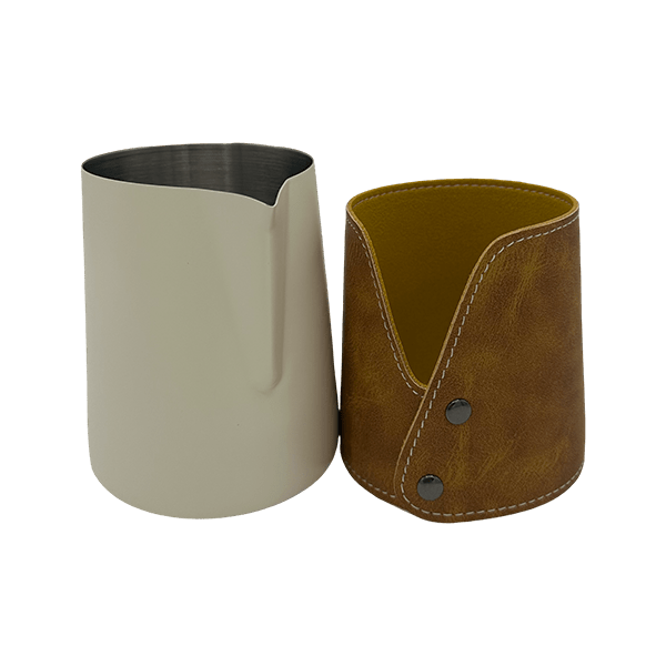 BaristaDelight Henkelless Milk Pitcher with Leather Sleeve - Barista Delight