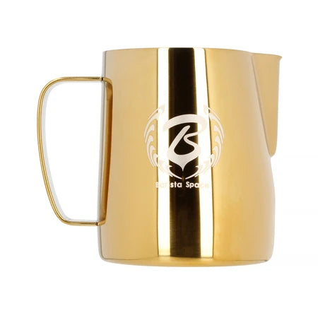 Barista Space Milchkanne 350 ml in Golden (glänzend Gold), Frontalansicht mit Logo