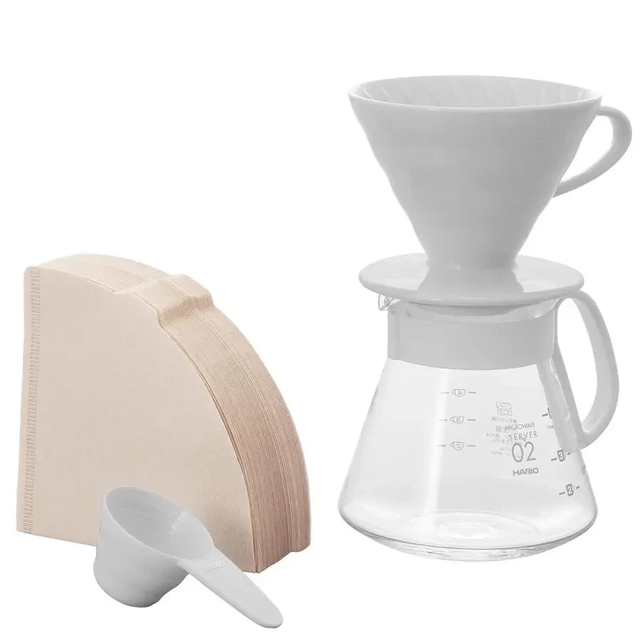 Hario V60 Keramik-Dripper-Set 02 Weiß – Dripper, Glas-Server, Messlöffel und Papierfilter