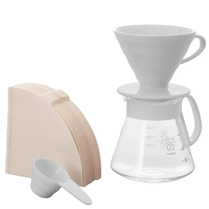 Hario V60 Keramik-Dripper-Set 02 Weiß – Dripper, Glas-Server, Messlöffel und Papierfilter