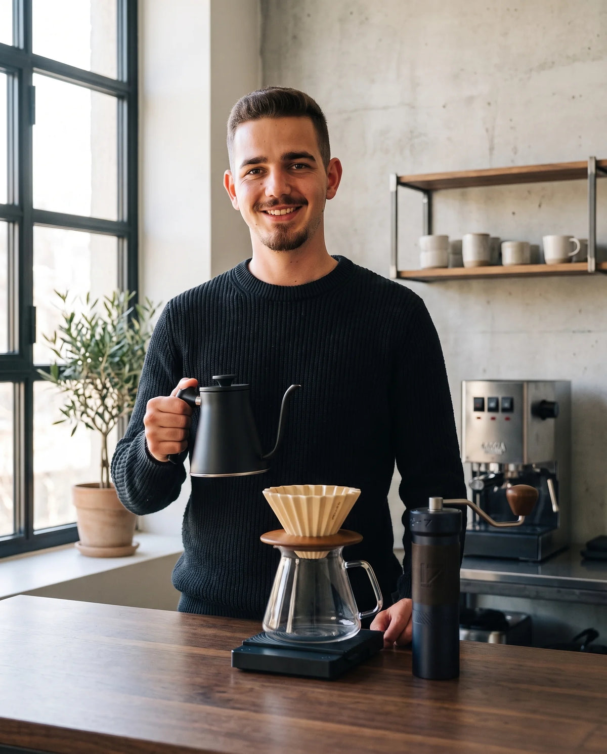 Leon von BaristaDelight an seiner Kaffeebar mit Origami Dripper, Kessel und Handmühle